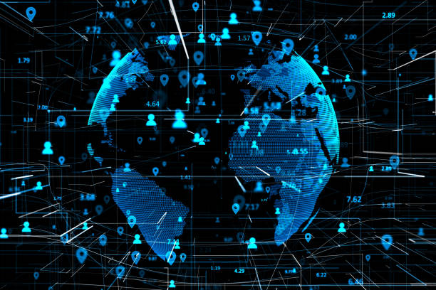 istock Global location, geolocation and navigation concept with stats data information, pin marks and user icons on world map globe background. 3D rendering 1474857620