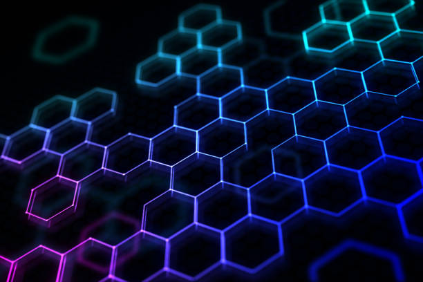 istock Abstract dark technological background with colorful hexagon grid perspective view. 3D rendering 1474857659