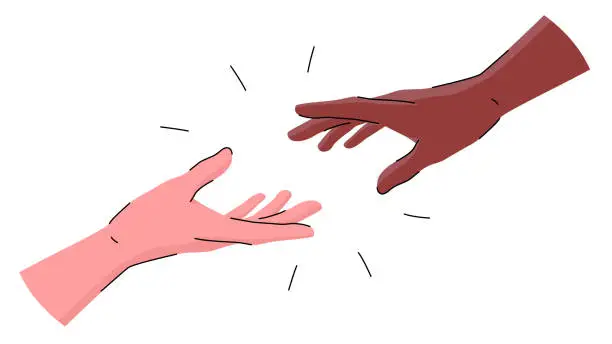 Vector illustration of Vector illustration depicting the hands of people reaching out to each other. People belonging to different races extend their hands to each other. The concept of unity, goodness, mutual assistance.