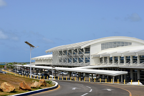 Osbourn, St. John's, Antigua island, Antigua and Barbuda: V.C. Bird International Airport, main terminal, land side. Hub for ABM Air, FlyMontserrat and LIAT.