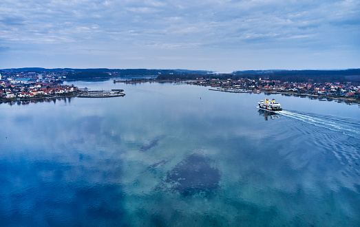 Drone point of view. View from the seaside towards Svendborg