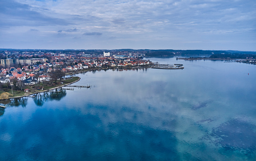 Drone point of view. View from the seaside towards Svendborg