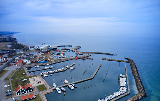 View to the port of Klintholm Havn in Denmark.