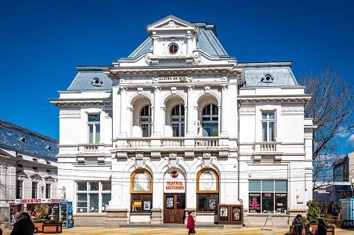Pitești, Argeș County, Romania - March 18, 2023: Front of the theatre building in Pitești, Romania.