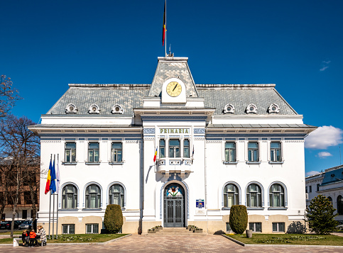 Pitești, Argeș County, Romania - March 18, 2023: The exterior of the historic Pitești Town Hall.