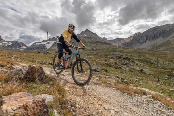 istock Mountain biker descends trail in the Alps 1474860634