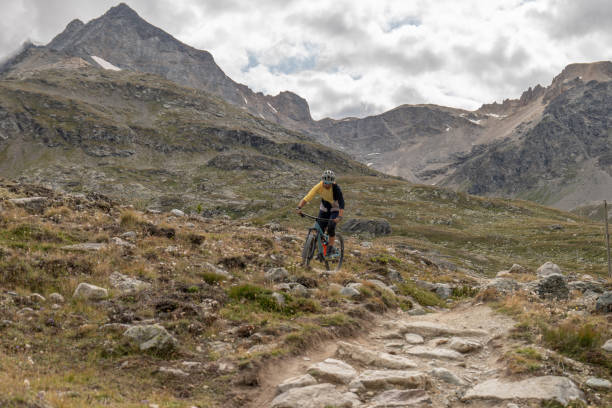 istock Mountain biker descends trail in the Alps 1474860801