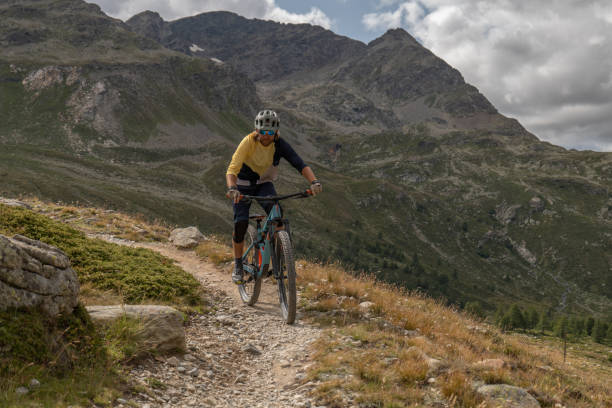 istock Mountain biker descends trail in the Alps 1474861092