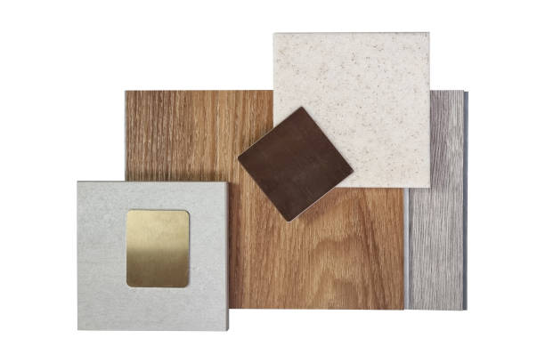 istock interior design material board in flat lay view for architecture or house decoration consists wooden vinyl flooring tiles, stone tile, quartz, stainless isolated on background with clipping path. 1474863191