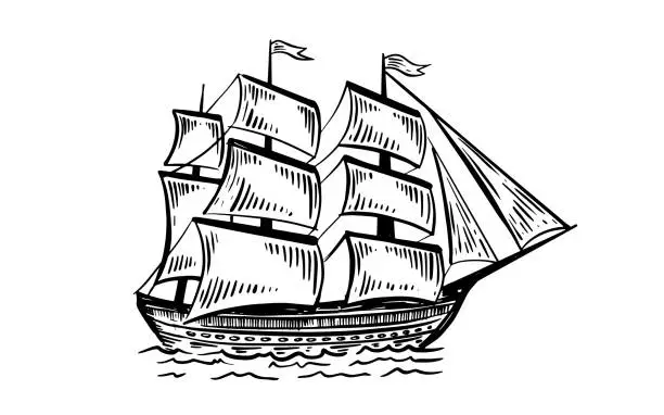 Vector illustration of Old vintage sailboat. Hand drawn vector sketch.