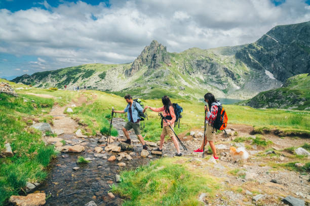 друзья походы - nordic walking hiking mountain walking стоковые фото и изображения