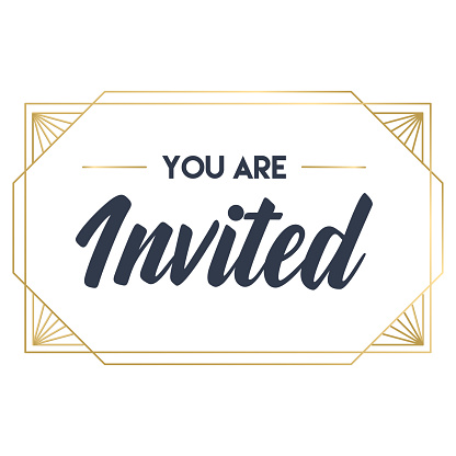 You're invited. Calligraphy text with elegant golden frame. Hand drawn style vector lettering. Design for greeting cards, and invitations.