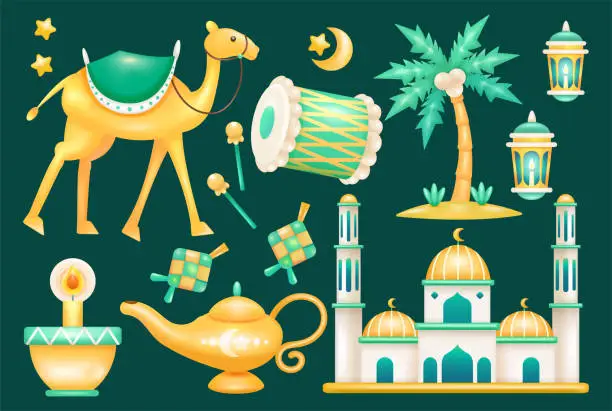 Vector illustration of Ramadan 3d elements. Camels, drums, kettles, coconut trees, lanterns, mosques and ketupat