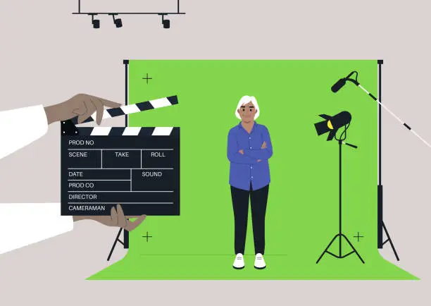Vector illustration of A female senior Caucasian character standing against a chroma key screen in a movie studio, video production