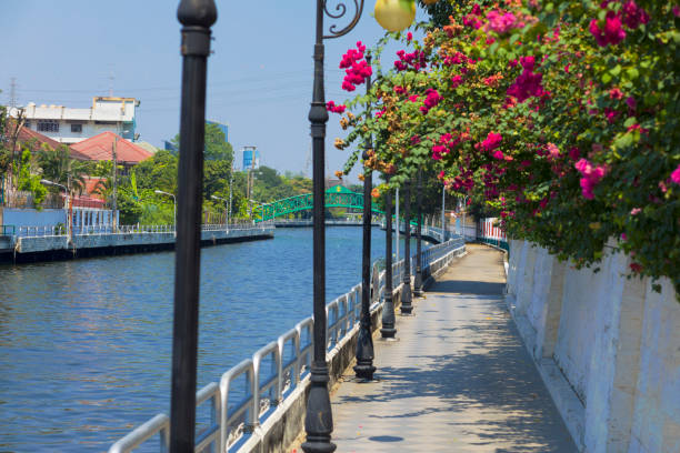 On pathway at Wat Su Bunruang Water Gate in Bangkok Ramkhanghaeng  direction to north. Along pathway are lanterns. At right side are bougainvillae flowers. At left side are residential buildings