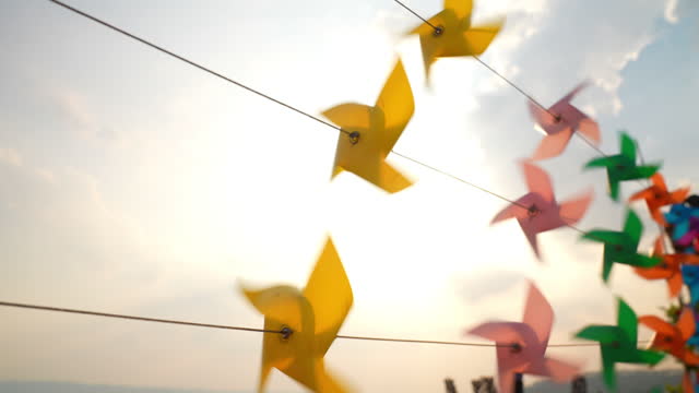 Pinwheel slow motion rotate from windy on sky background