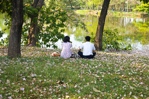 Rear view of relaxing thai couple at lake  in Wachirabenchathat Park (Rot Fai Park) in Bangkok Chatuchak. Man has flower placed at ear. People are facing the lake and are sitting in shadow of trees