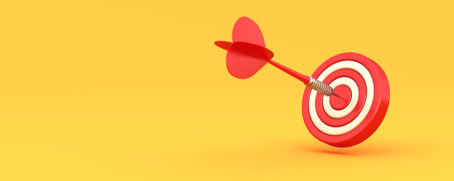Success red dart and target isolated on yellow background. Marketing and advertising concept. 3d illustration.