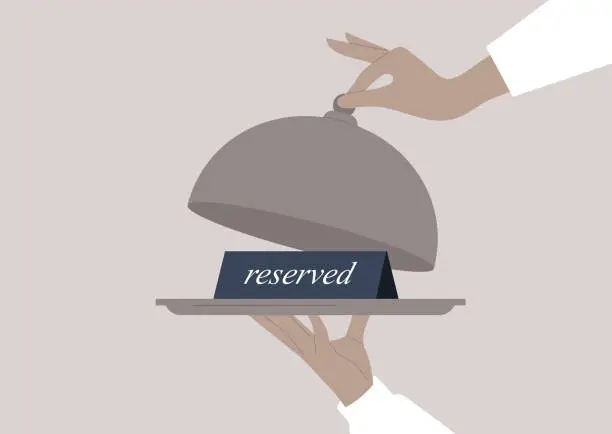 Vector illustration of Waiter hands holding a tray and a cloche, a reserved sign