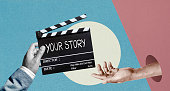 Your story, Handwriting on film slate. Storytelling and vision sharing. concept in film industry. Abstract art collage.