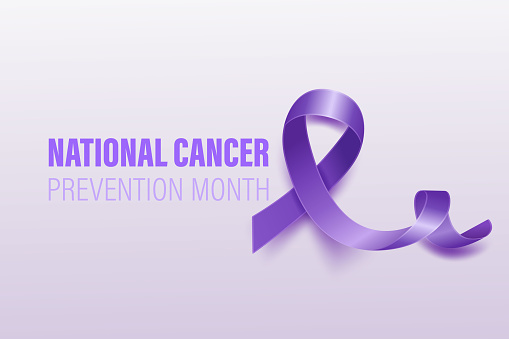 National Cancer Prevention Month Banner, Card, Placard with Vector 3d Realistic Lavender Ribbon on White Background. Cancer Prevention Awareness Month Symbol Closeup. World Cancer Day Concept.