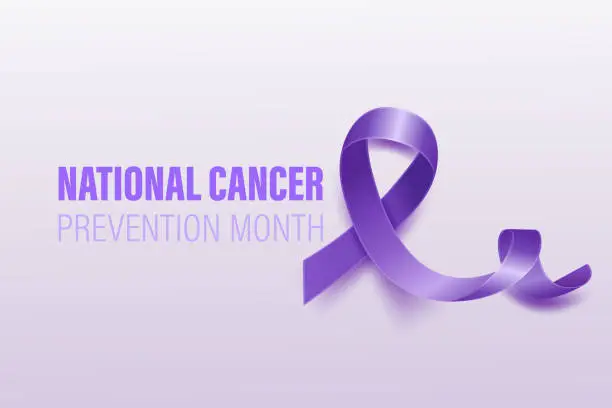 Vector illustration of National Cancer Prevention Month Banner, Card, Placard with Vector 3d Realistic Lavender Ribbon on White Background. Cancer Prevention Awareness Month Symbol Closeup. World Cancer Day Concept