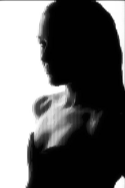 istock Woman portrait illustration in halftone black and white television screen pixels pattern 1474877046