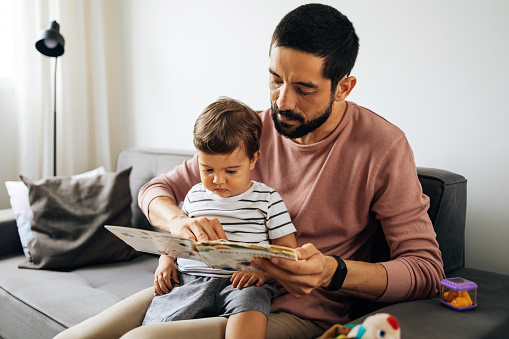 Happy father and toddler son reading book at home