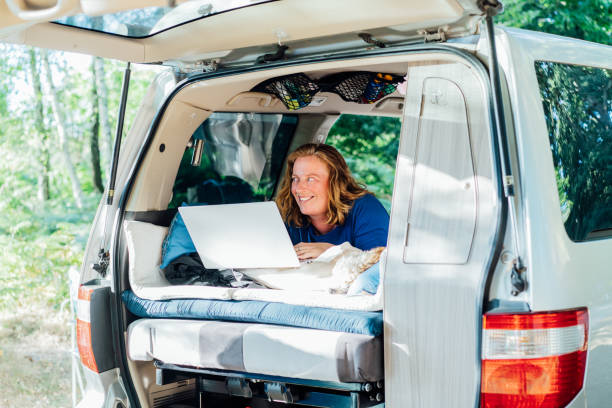 istock Smiling middle-aged woman working on laptop while lying in camper car vehicle with cockapoo puppy pet during road trip. Remote worker people. Enjoying free lifestyle, travel, vacation, freedom. 1474877648