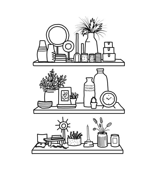 doodle elements. Home decor items in doodle style. Illustration of shelves with different interior items. doodle elements. Home decor items in doodle style. Illustration of shelves with different interior items. sketch restaurant stock illustrations