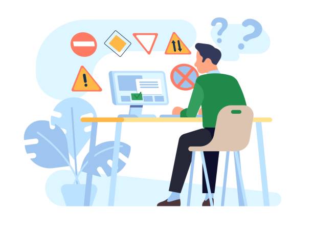 Man takes his driving test while sitting behind computer screen. Guy choosing answer in questionnaire. Student at table. Web examination. Person solving quiz. Vector e-learning concept vector art illustration