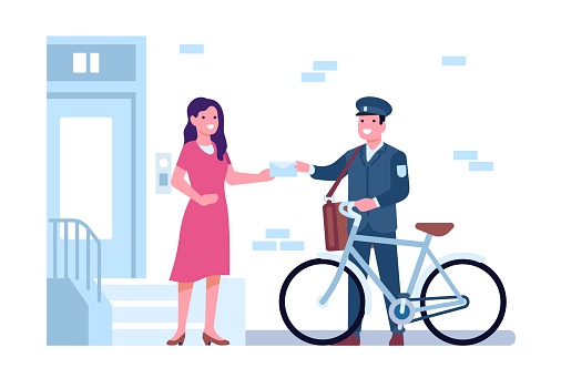 Letter carrier with bag delivered mail to address and gave it woman. Female receiving correspondence. Mailman work. Postman with bicycle. House door porch. Postal courier in uniform. Vector concept