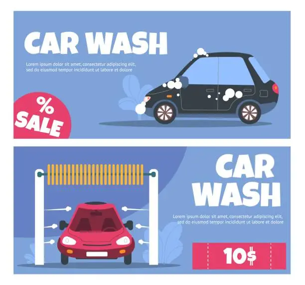 Vector illustration of Car wash service banners. Horizontal posters with vehicles in foam. Self cleaning auto station. Transport means hygiene. Carwash sale promo flyers. Discount coupons set. Vector concept