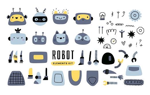 Robot elements kit. Funny kids cyborg details. Cute automation toy. Assemble yourself. Various heads and limbs. Robotic bodies. Android characters creation. AI machine constructor. Garish vector set