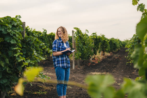 istock Curly-haired farmer woman with a notepad in her hands standing through vines. Rich harvest concept. Smart farming and digital agriculture. 1474878931