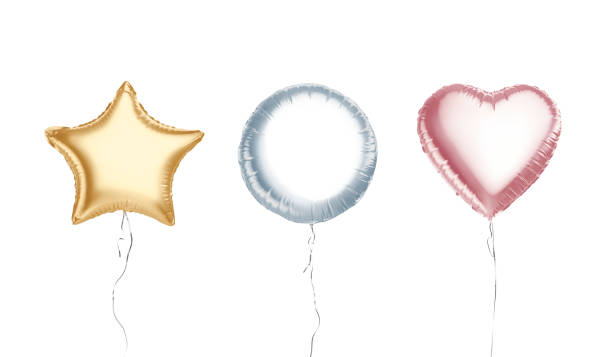 Blank colored round, star, heart balloon flying mockup, isolated stock photo