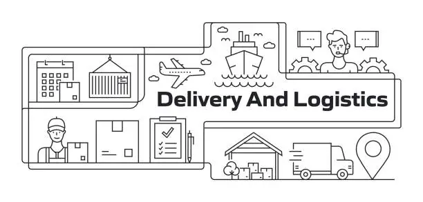 Vector illustration of Delivery and Logistics Modern Line Banner with icons. Package , Insurance , Box - Container , Shipping , Return , Truck
