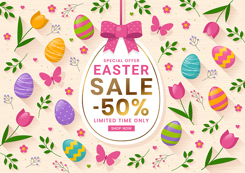 Easter sale special offer banner with colorful eggs