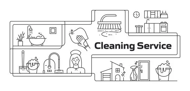 Vector illustration of Cleaning Service Modern Line Banner with icons. Cleaner , Bucket , Wipe , Cleaning Supplies , Washing , Rubber Glove