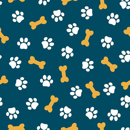 Cute seamless pattern with pet paw and bone. Vector illustration on blue background. It can be used for wallpapers, wrapping, cards, patterns for clothes and other.