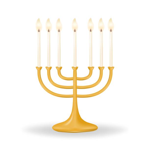 istock Menorah featuring seven candles on a clean white background. Illuminate your celebration with a stunning gold Menorah featuring seven candles. Perfect for your Passover designs. Vector illustration. 1474884247