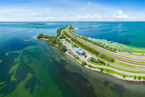 The aerial view of the roads across the sea. Saint Armands Key, Sarasota, Florida, United States.