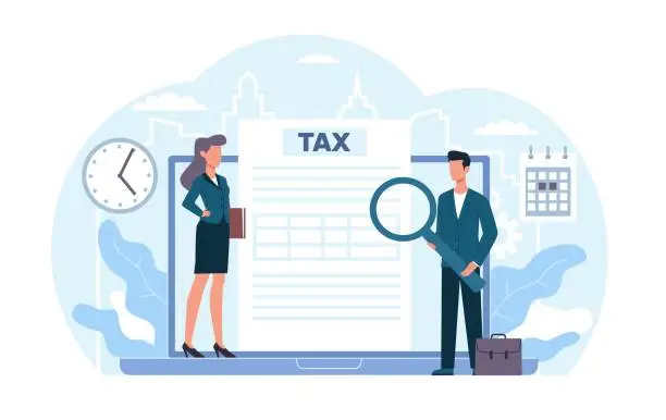 Vector illustration of Concept of tax inspector budget analysis, man and woman overseeing compliance with financial laws. Research report and calculation. Cartoon flat isolated characters. Vector illustration