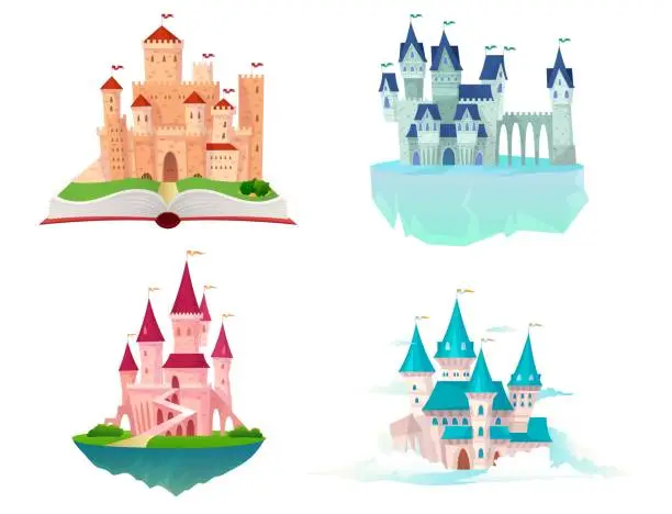 Vector illustration of Fantastic castles, fairy tale palaces with towers with flags on books or sky clouds. Cute magic princess medieval buildings for girls nursery decor. Vector cartoon flat isolated set