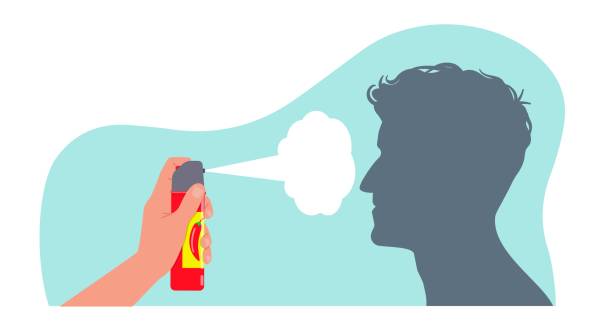 Pepper spray as means of self defense. safety equipment, personal security, tear-gas sign. Tolls for arming against bandits and hooligans. Cartoon flat illustration. Vector concept Pepper spray as means of self defense. safety equipment, personal security, tear-gas sign. Tolls for arming against bandits and hooligans. Cartoon flat style isolated illustration. Vector concept tear gas can stock illustrations