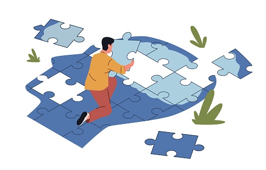 Open mind psychotherapy. Person collects his lost identity from puzzle jigsaw pieces, mental health steps, healing process, cartoon flat style isolated illustration, nowaday vector psychology concept