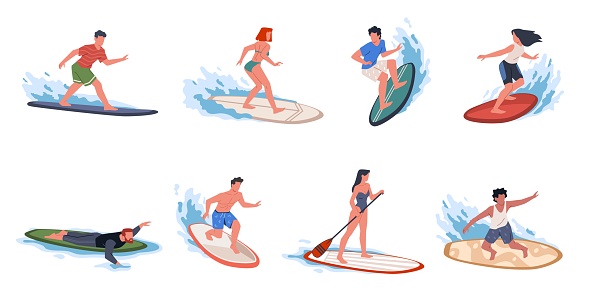 Beach surfers. Happy young athletes dissect waves with boards, summer beach extreme sea sport, active people surf ocean, men and women in swimsuits, nowaday vector cartoon flat style isolated set