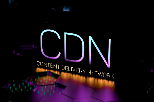 CDN Content Delivery Network text concept neon.CDN network infrastructure. 3D render.