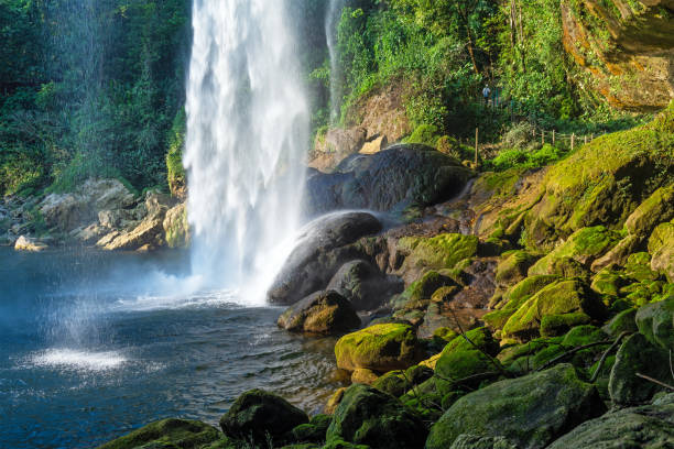 Misol Ha waterfall at sunset seen from behind, Palenque, Chiapas, Mexico.