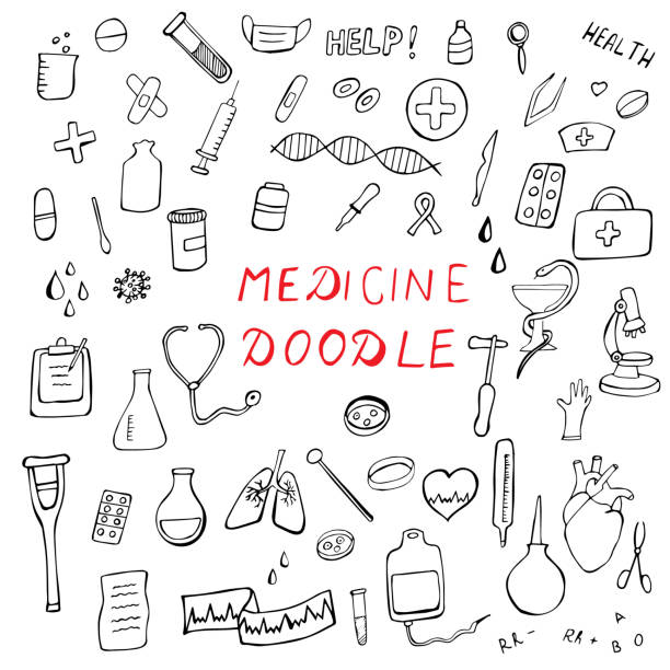 doodle medicine, vector hand drawn set on white background, medicine elements, hospital medicine doodle, vector hand drawn set medical research blood stock illustrations